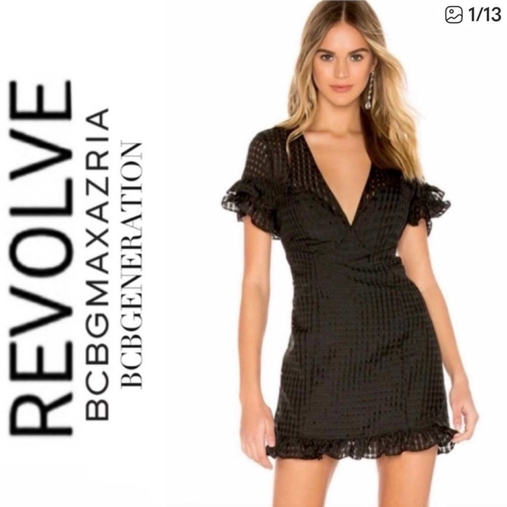 BCBG Black Checkered Plunge Neckline Ruffled Sleeves & Hem Mini Dress Size 6 NWT